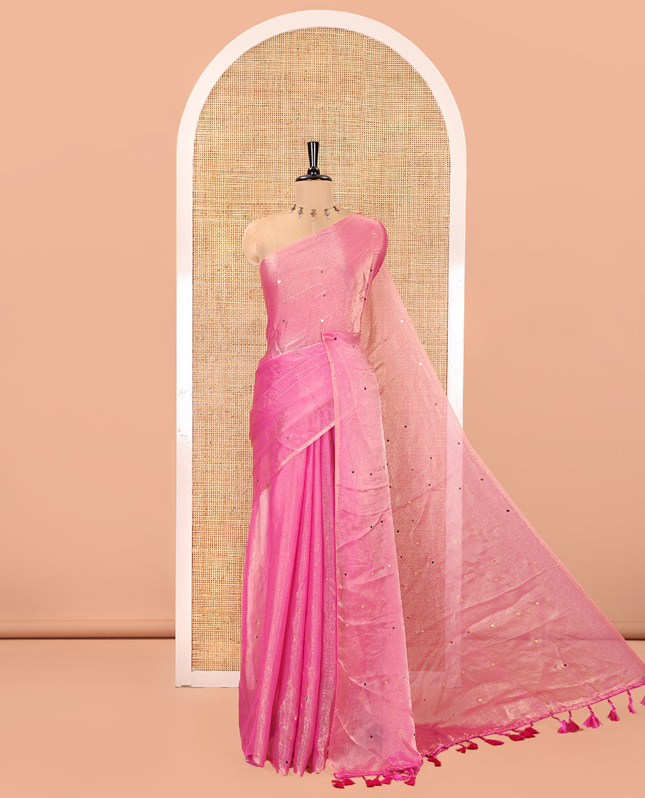 Borderless Pink Fendy Chiffon Saree, Gleamed Up with Sequin Work on Its Body, Highlighted by a Self-Pallu of Sequin Work, and Paired with a Matching Blouse