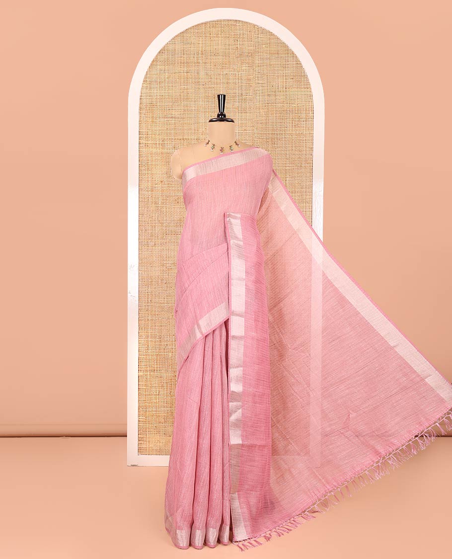 Onion Pink Linen Zari Cotton Saree, Gleamed Up with Zari Stripes All Over Its Body, a Subtle Zari Border, a Self-Pallu, and Comes Without a Blouse