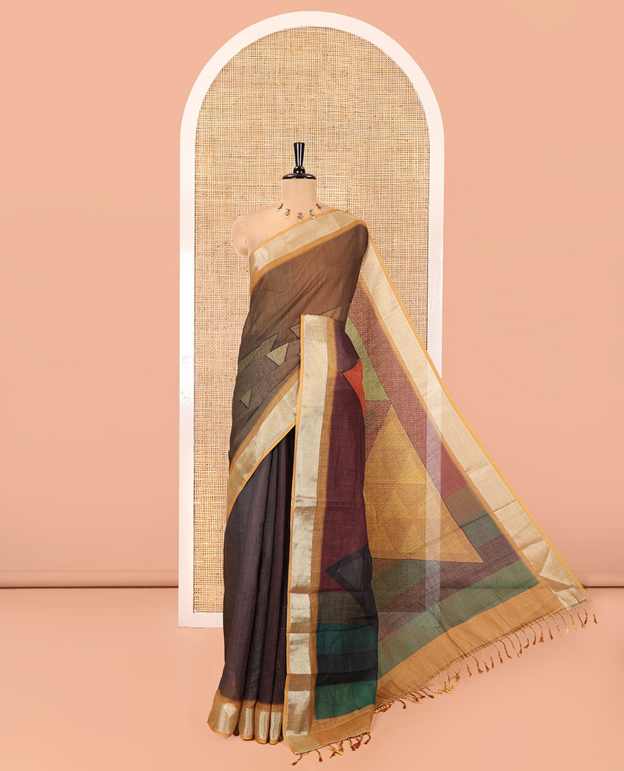 Coffee Brown and Green Linen Cotton Saree, Elevated with Geometric Print on Its Body, Complemented by Contrast Zari Border, Geometric Printed Pallu, and Paired with a Contrast Blouse