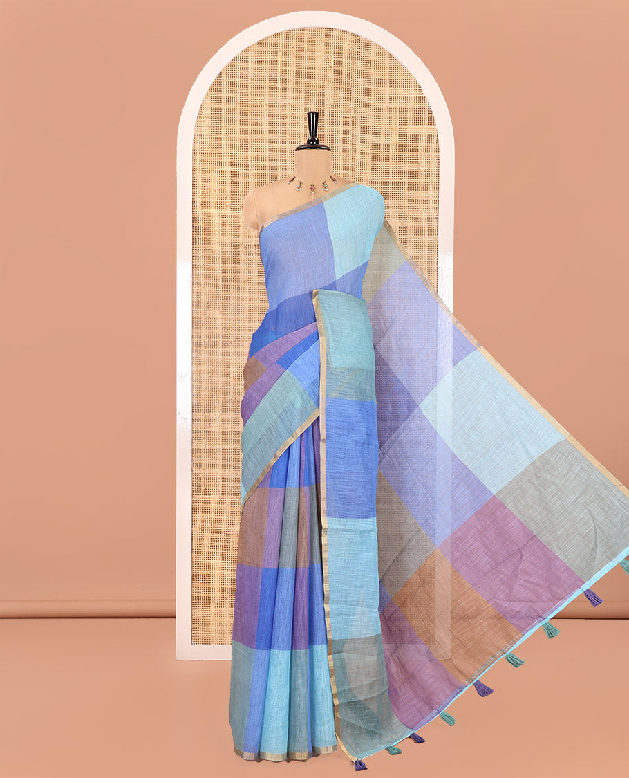Borderless Blue Linen Cotton Saree, Embellished with Macro-Checked Design on Its Body, a Self-Pallu, and Paired with a Contrast-Printed Blouse