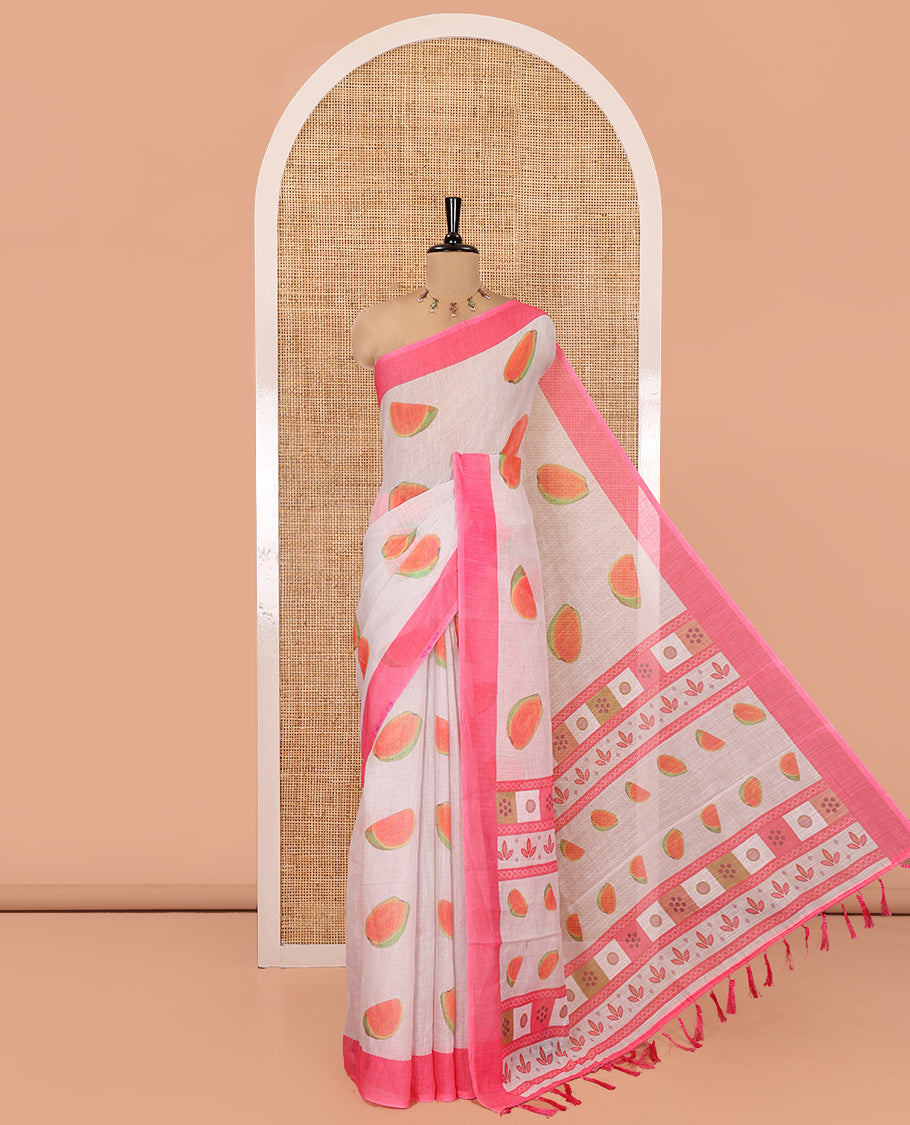 Cream Linen Cotton Saree, Artfully Printed with Guava Motifs All Over Its Body, Complemented by a Contrast Plain Border, Pallu Steeped with Guava Motifs, and Paired with a Contrast Blouse