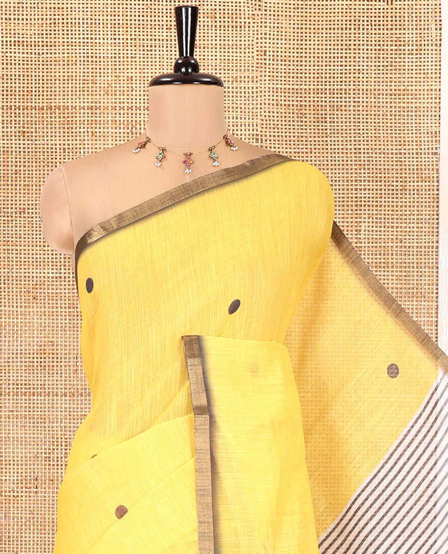 Yellow Linen Cotton Saree, Adorned with Half-And-Half-Style Polka Dots, a Subtle Piping Border, Contrast Vertically Striped Pallu, and a Contrast Blouse