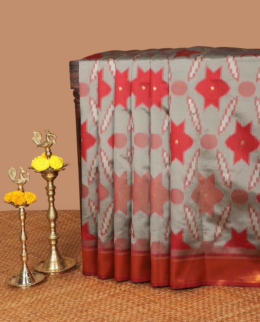 Bandc color pochmmpally ikkat design mulberry silk saree with zari katti border & zari ikkat desig pallu along with contrast blouse