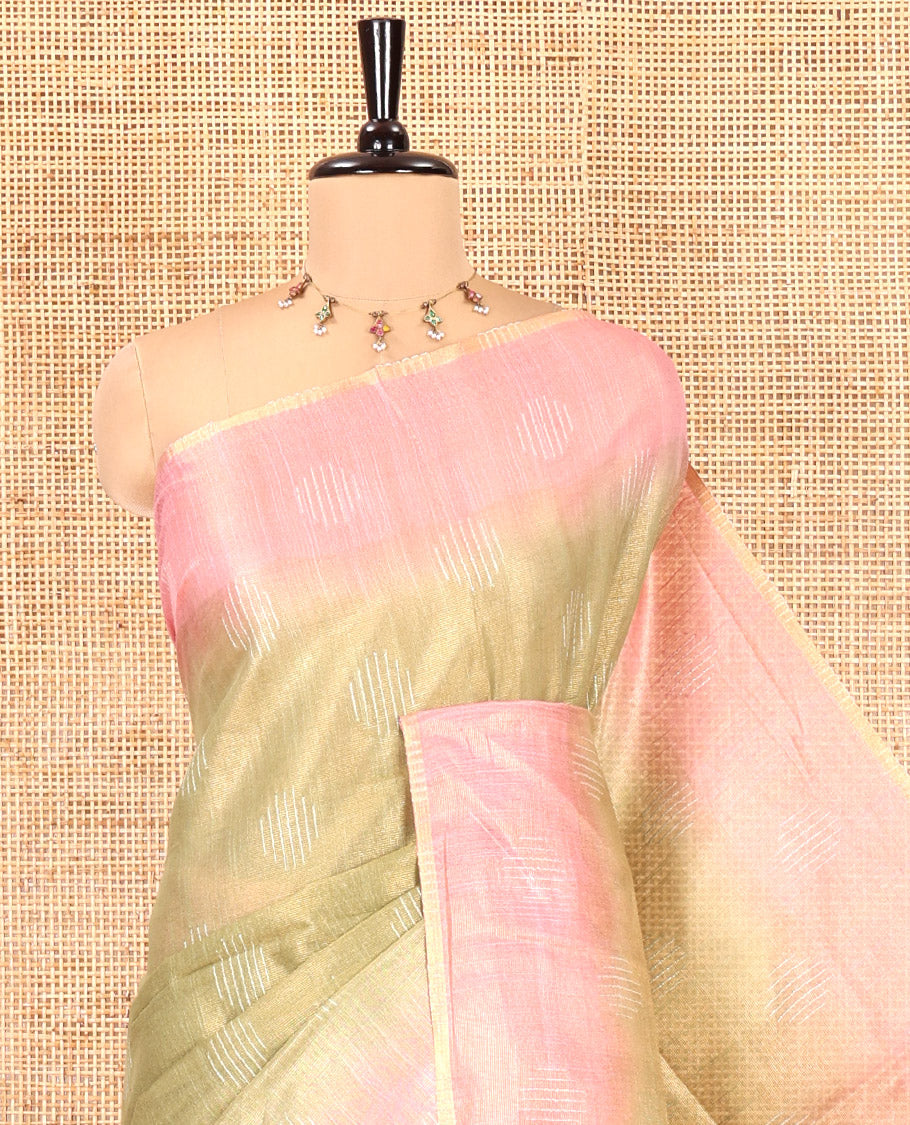 Parrot Green Bhagalpur Cotton Saree, Adorned with Buttas, Complemented by a Contrast Border, Pallu, and a Contrast Blouse