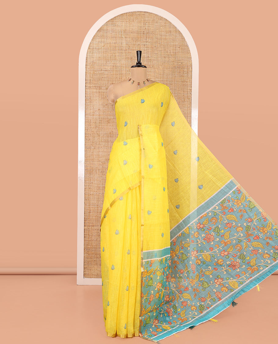 Yellow Linen Cotton Saree, Beautified with Lotus Motifs Print, a Piping Border, Contrast Floral Vine Pallu, and a Contrast Blouse
