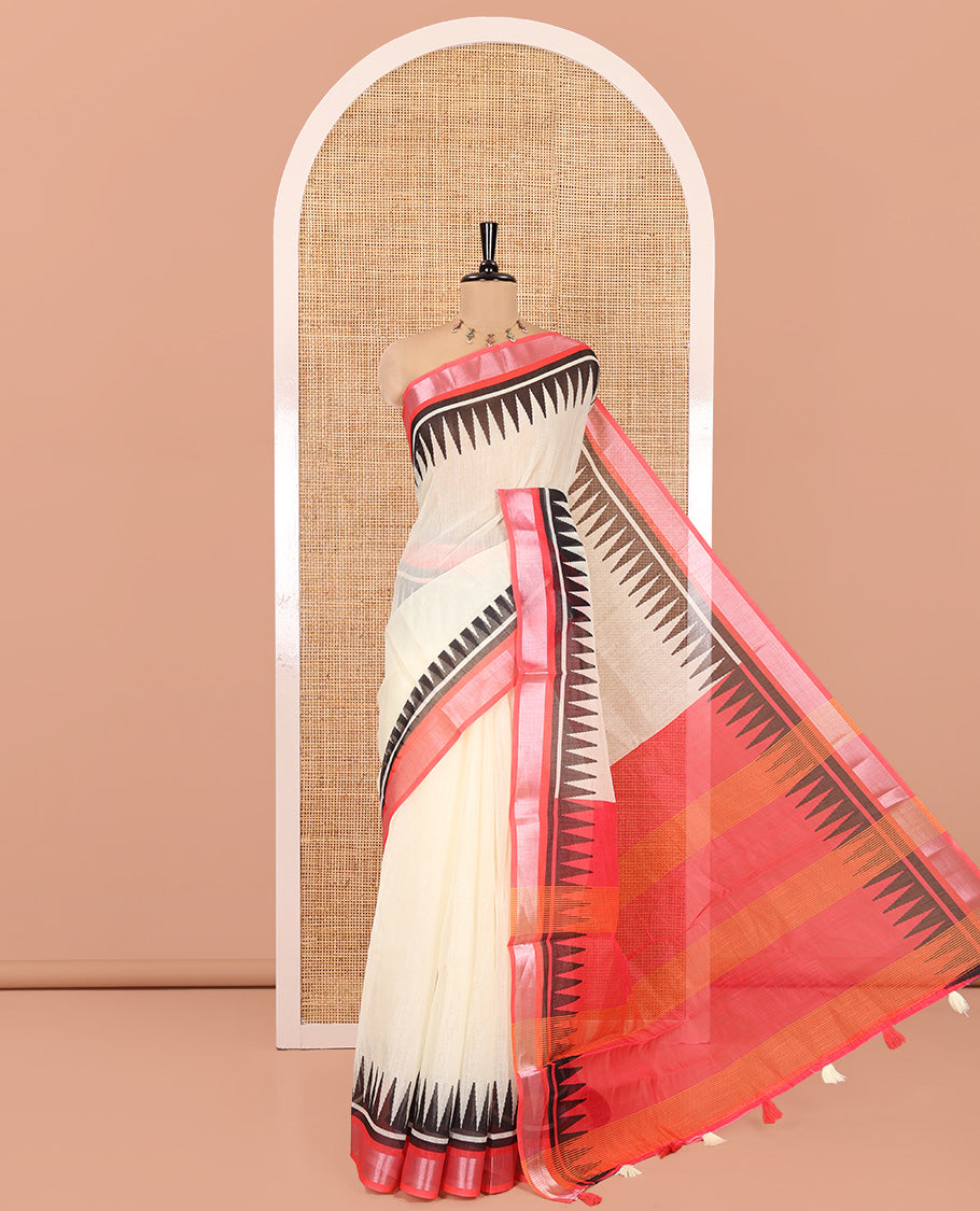 Cream Plain Linen Cotton Saree, Complemented by a Contrast Zari Temple Border, Contrast Pallu, and a Contrast Blouse