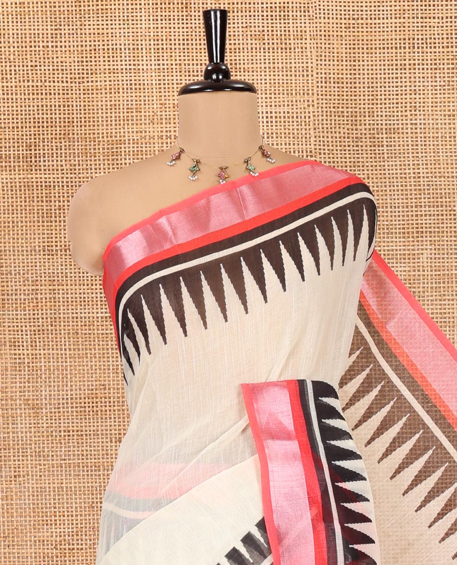 Cream Plain Linen Cotton Saree, Complemented by a Contrast Zari Temple Border, Contrast Pallu, and a Contrast Blouse