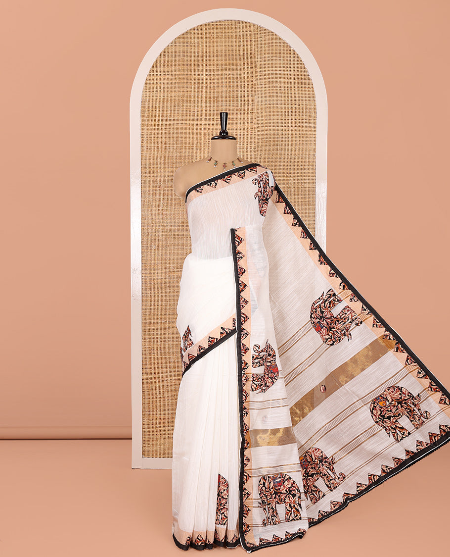 White-Black Khadi Linen Saree, Artfully Crafted with Elephant Appliqué Work, Contrast Temple Appliqué Border and a Plain Blouse