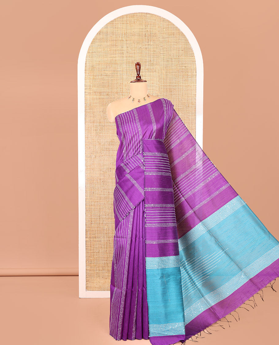 Borderless Violet Semi-Raw Silk Saree, Decorated with Sequined Stripes, a Contrast Zari Striped Pallu, and Contrast Blouse