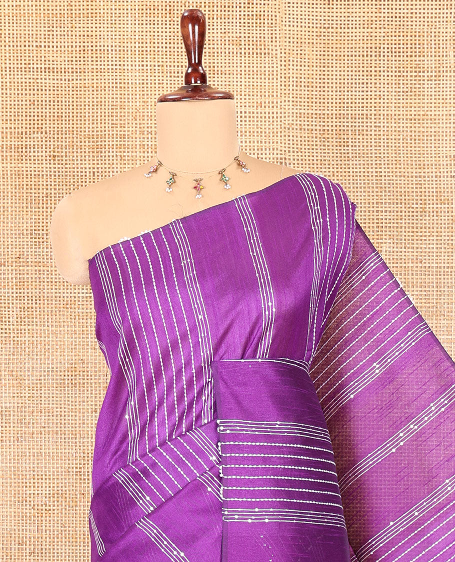 Borderless Violet Semi-Raw Silk Saree, Decorated with Sequined Stripes, a Contrast Zari Striped Pallu, and Contrast Blouse