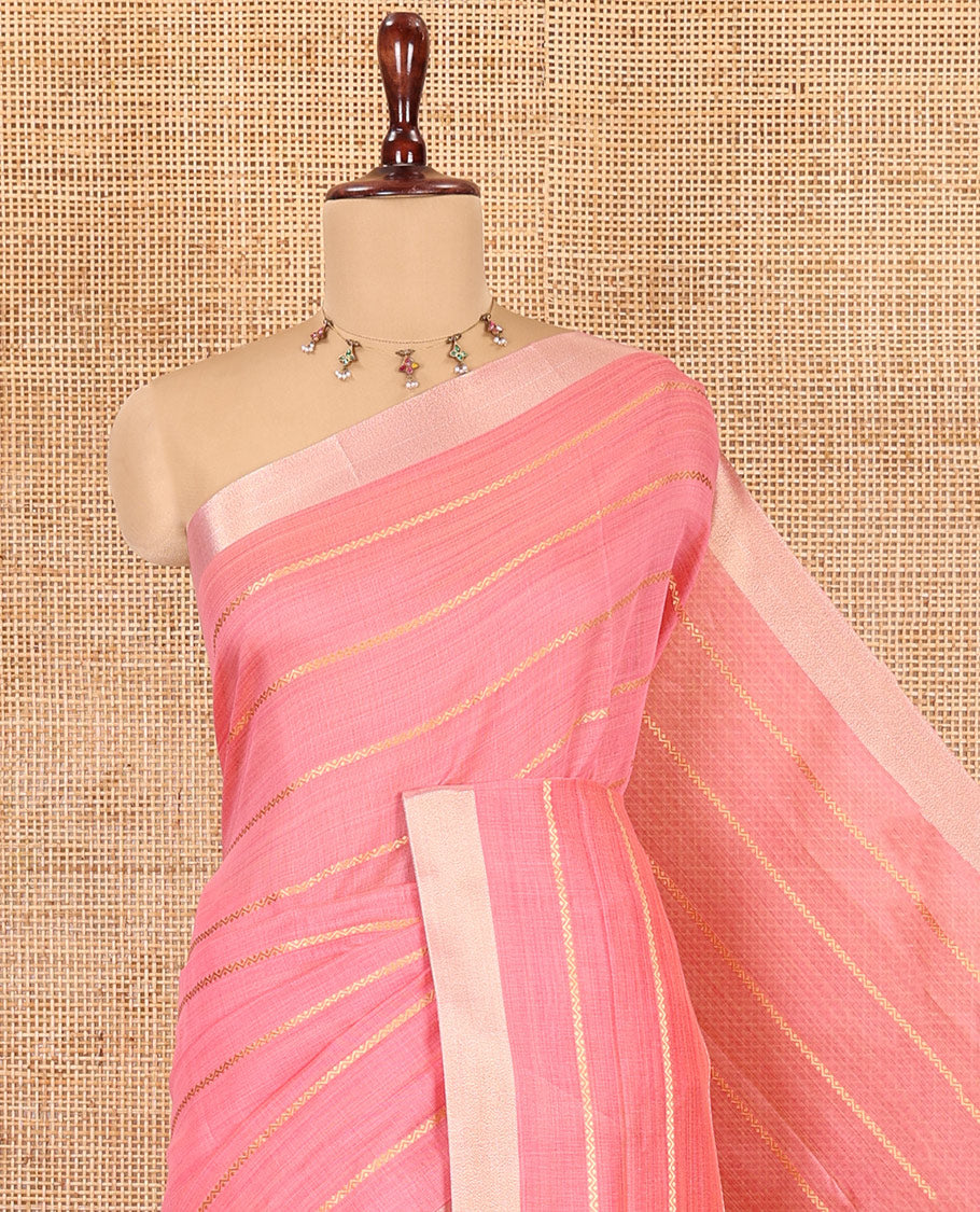 Baby Pink Semi-Silk Cotton Saree, Beautified with Veldhari Stripes, Gold Zari Border, Contrast Striped Pallu and a Contrast Blouse