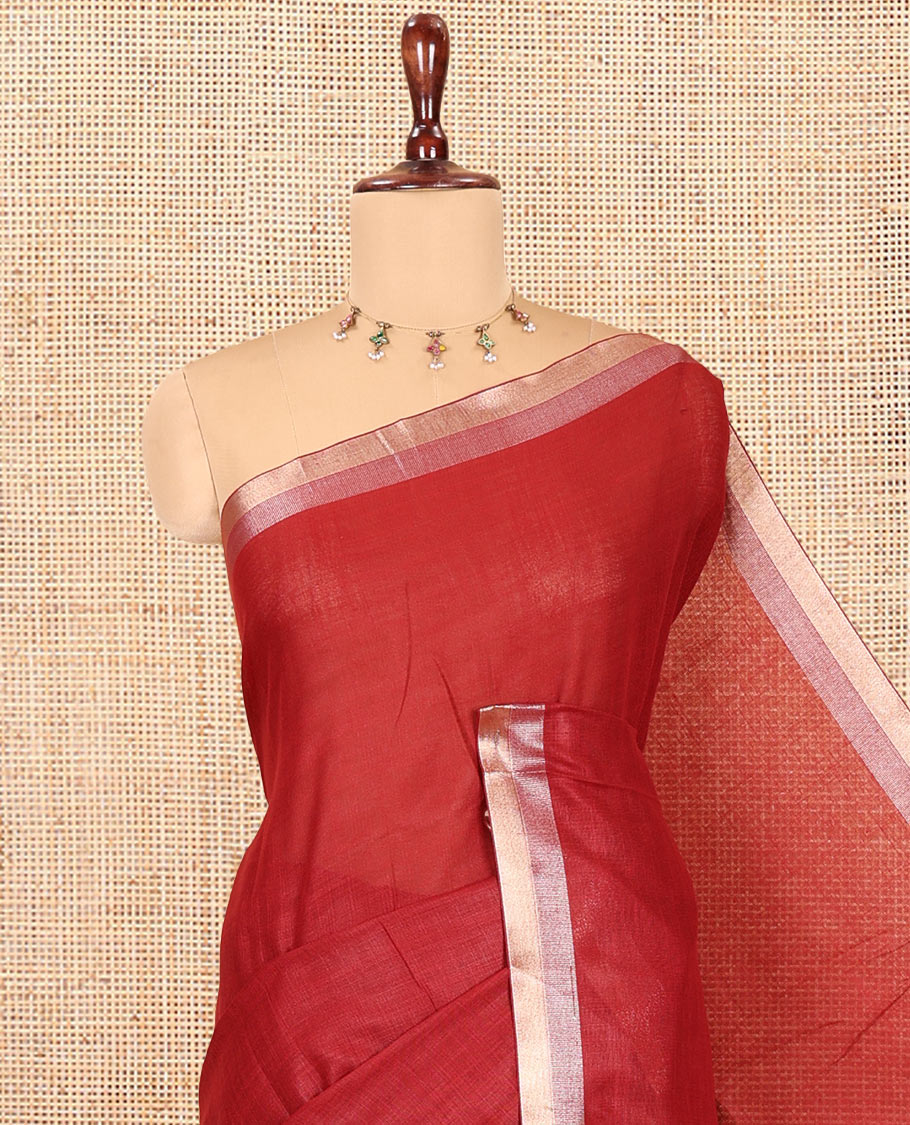 Maroon Plain Linen Cotton Saree, a Subtle Zari Border, a Self-Pallu, and Matching Blouse