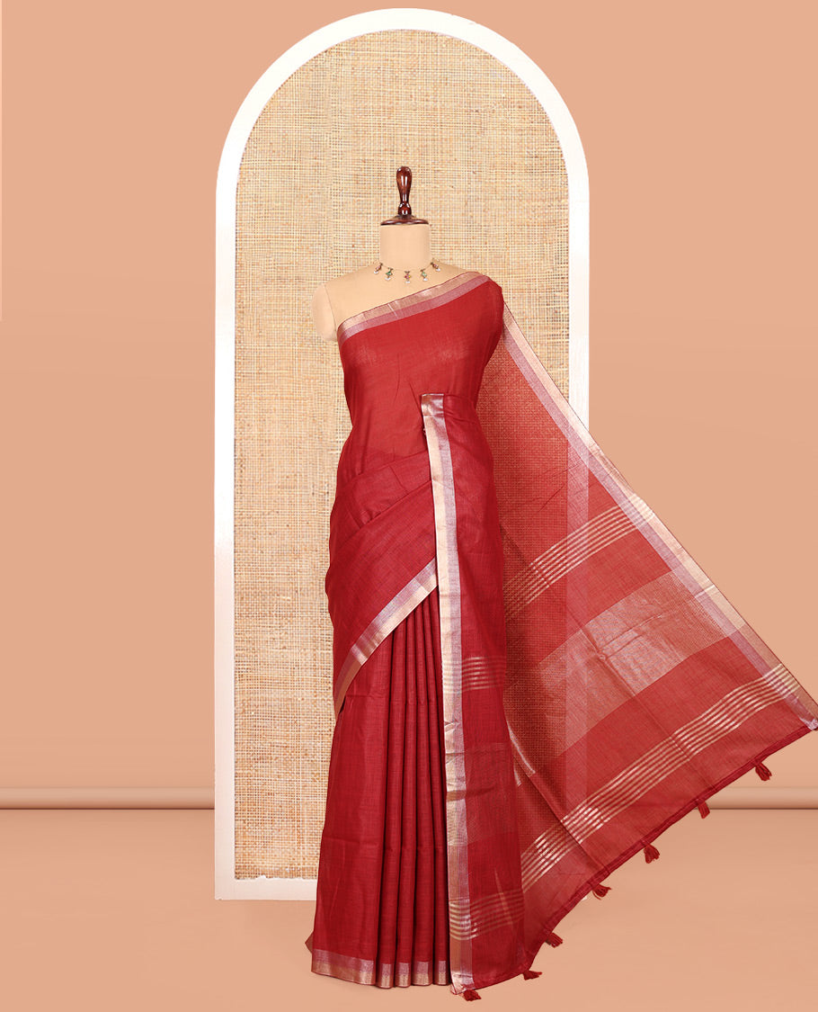 Maroon Plain Linen Cotton Saree, a Subtle Zari Border, a Self-Pallu, and Matching Blouse