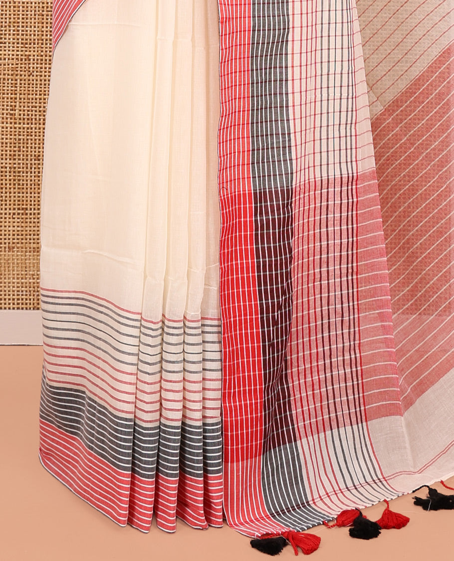 Cream Plain Khadi Mul Cotton Saree, Contrast Horizontal Striped Border, Striped Pallu, and No Blouse