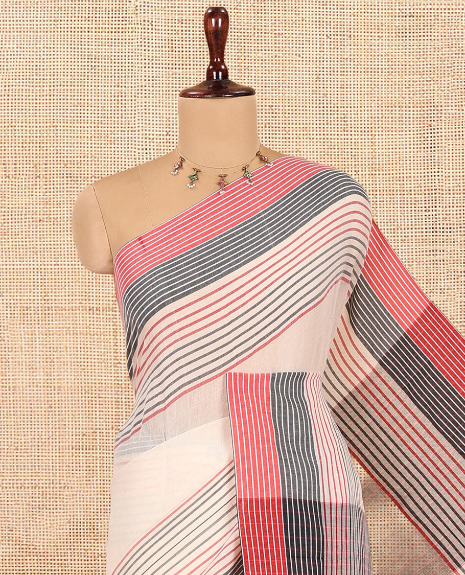 Cream Plain Khadi Mul Cotton Saree, Contrast Horizontal Striped Border, Striped Pallu, and No Blouse