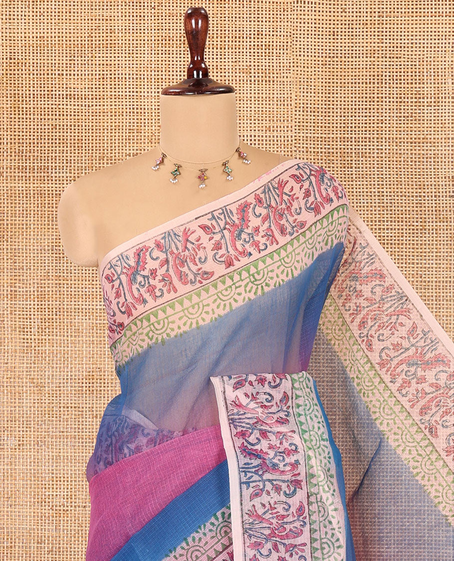 Pink Plain Ombre-Styled Kota Doria Saree, a Contrast Floral Printed Border, and a Contrast Printed Blouse