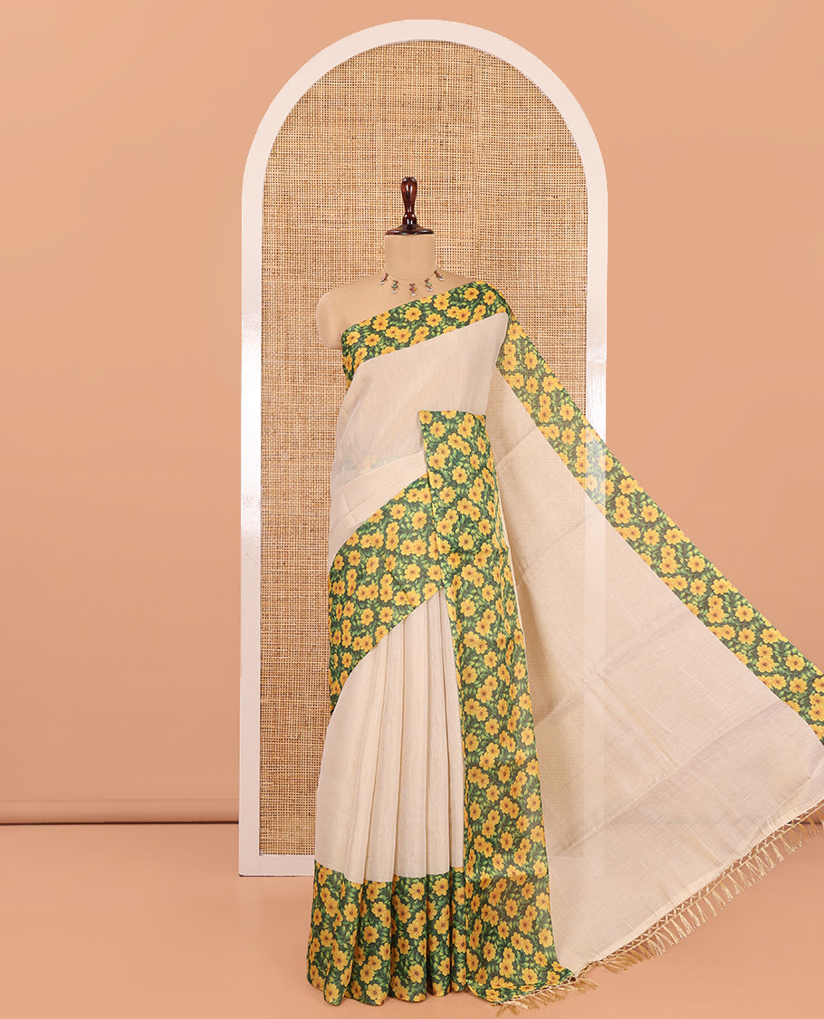 Gold Plain Tissue Saree, Complemented by a Contrast Floral Motif-Printed Border, a Self-Pallu, and a Contrast Blouse