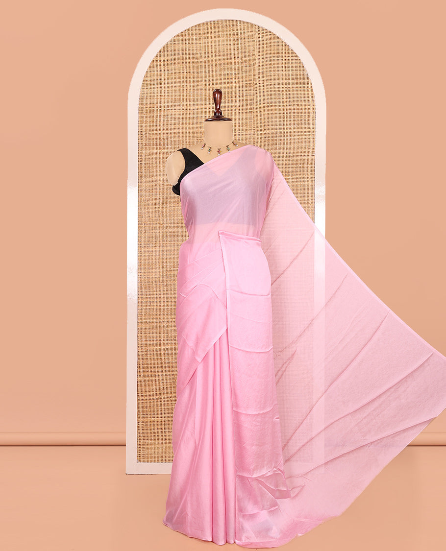 Borderless Baby Pink Plain Crushed Rangoli Chiffon Saree, Comes with a Matching Designer Blouse
