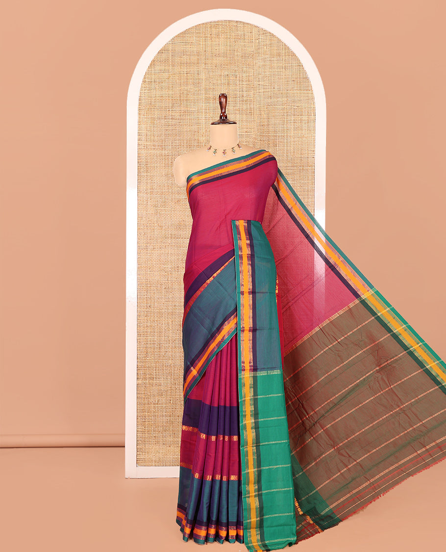 Purple Mercerised Cotton Saree, Adorned with Multi-Colour Stripes, a Contrast Border, Striped Pallu, and a Matching Blouse