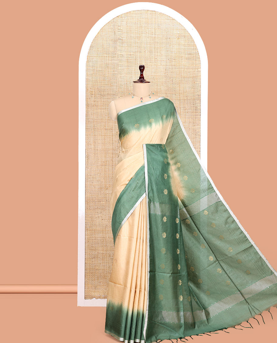 Chikku Bhagalpur Cotton Saree, Subtly Sparkled with Buttas, a Contrast Butta Border, and a Contrast Blouse