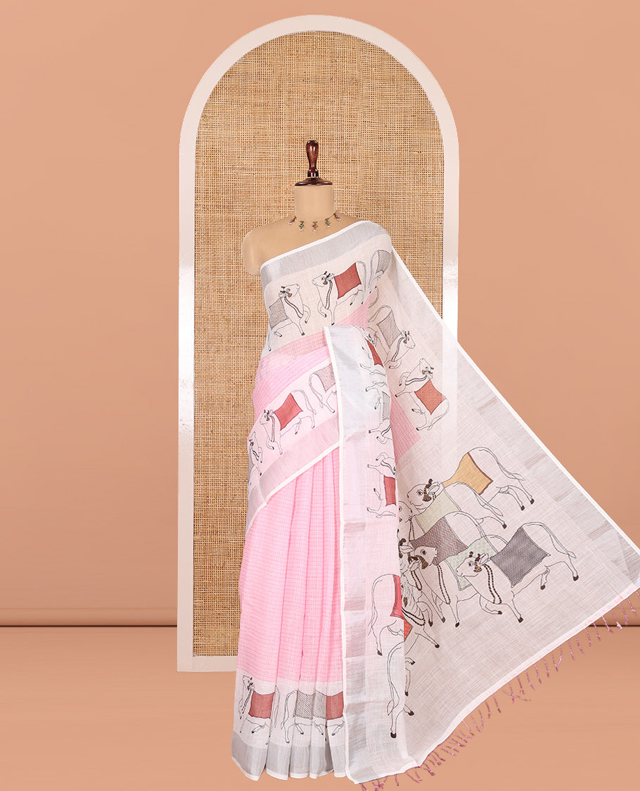 Pink Checked Linen Cotton Saree, a Contrast Pichwai Cow Printed Border, Pichwai Cow Pallu, and a Matching Blouse