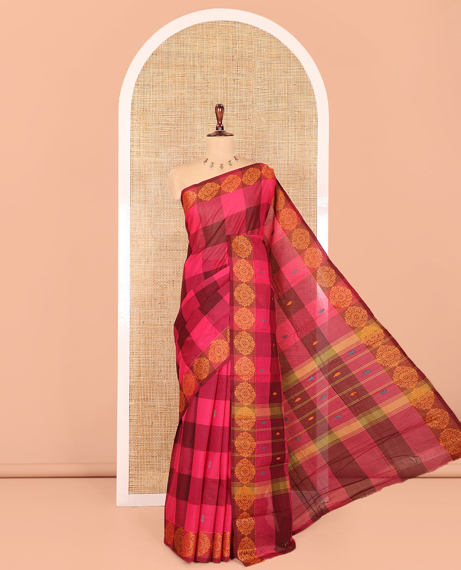 Pink Checked Chettinad Cotton Saree, Subtly Sparkled with Buttas, a Subtle Thread Border, Striped Pallu, and No Blouse