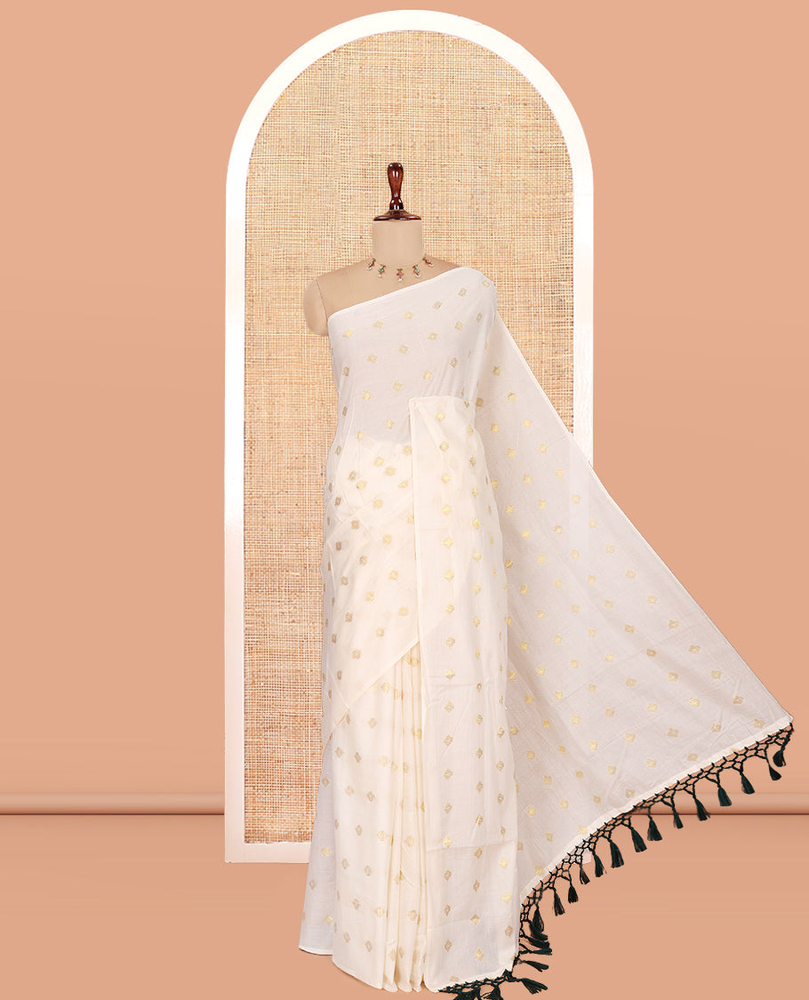 Borderless Cream Kerala Cotton Saree, Steeped with Zari Buttas, a Self-Pallu, and a Matching Blouse