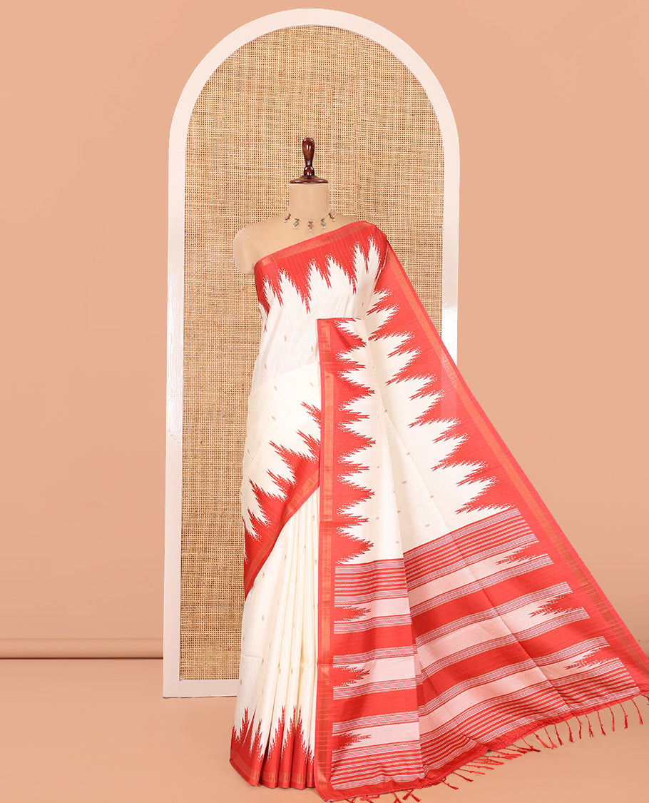 Cream-Red Katan Silk Saree Features Buttas, Complemented by Contrast Temple Zari Border, Striped Pallu, and a Contrast Blouse