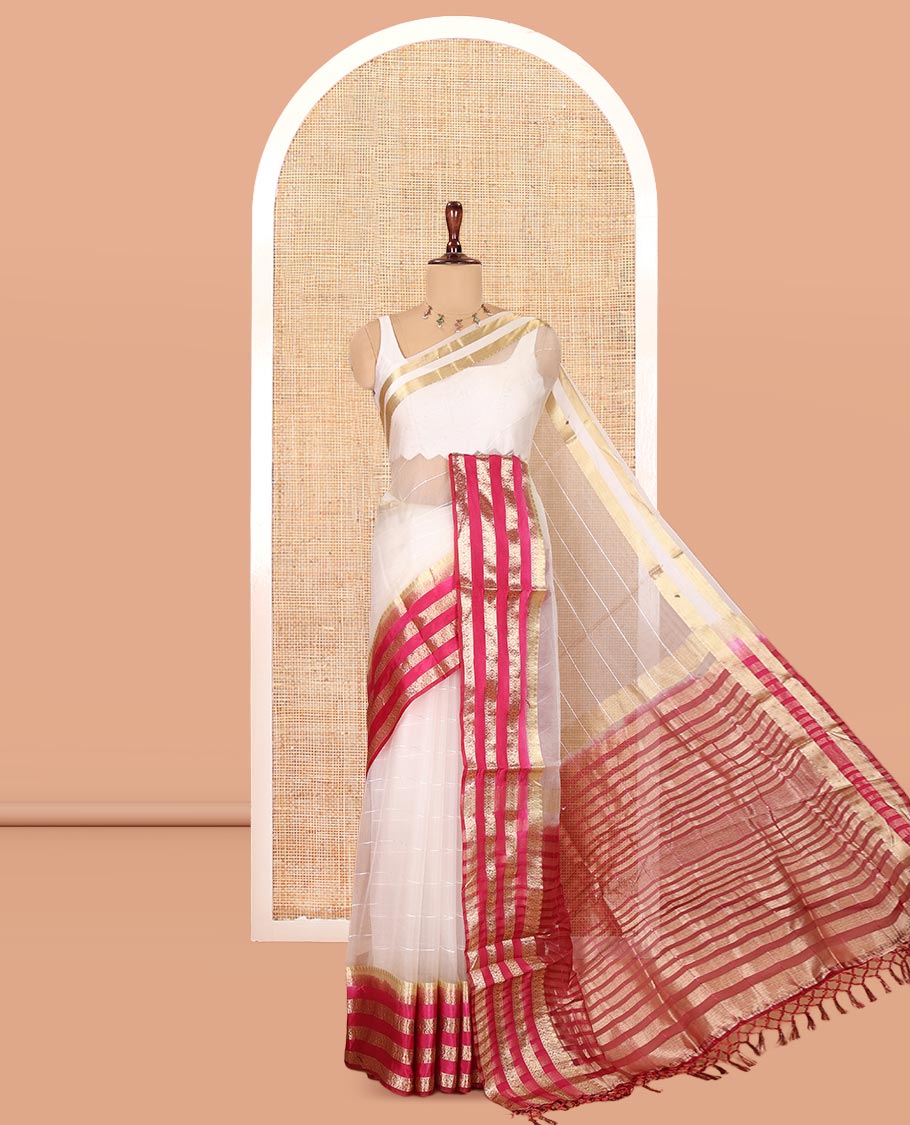 Off-White-Purple Horizontal Striped Semi-Organza Saree, a Contrast Traditional Zari Border, Striped Pallu, and a Contrast Blouse