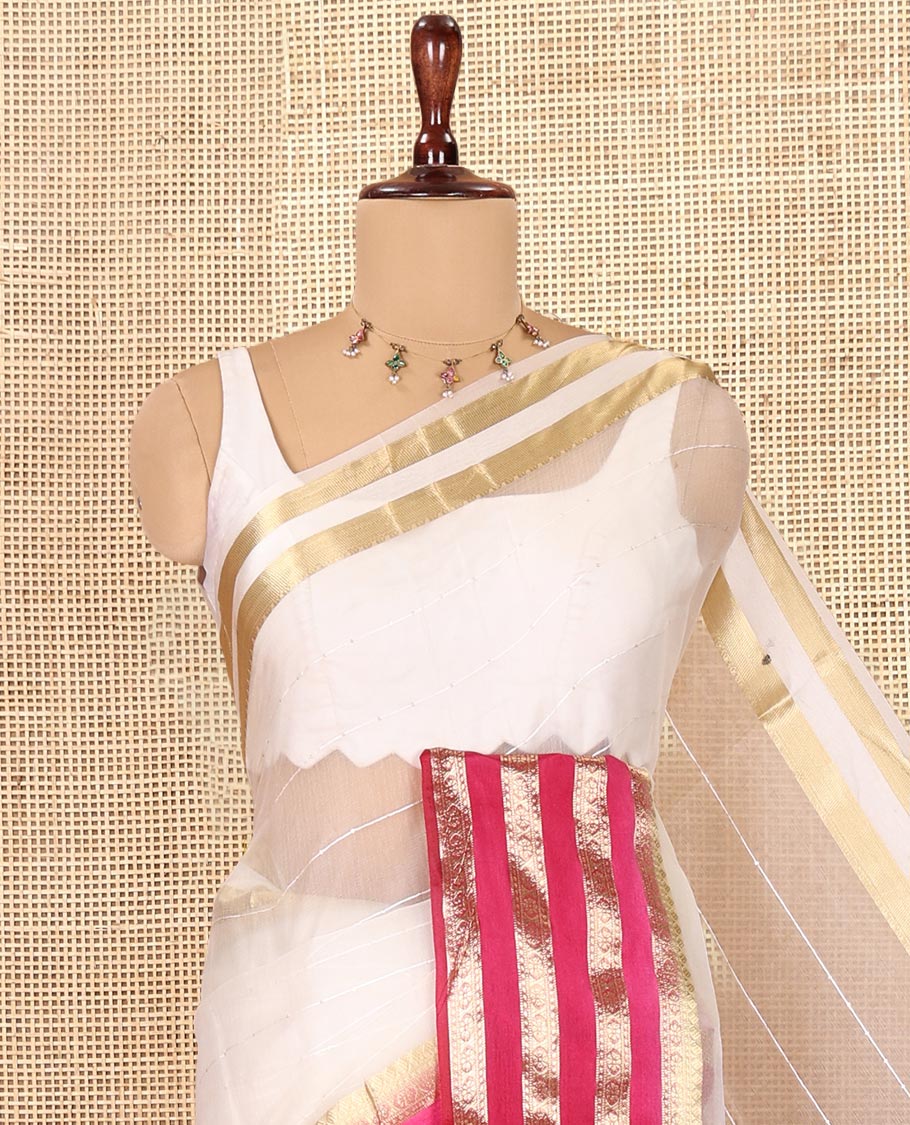 Off-White-Purple Horizontal Striped Semi-Organza Saree, a Contrast Traditional Zari Border, Striped Pallu, and a Contrast Blouse