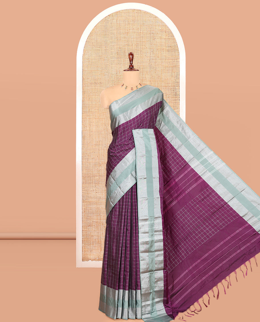 Purple Checked Semi-Soft Silk Saree, Complemented by a Contrast Striped Border, Checked Self-Pallu, and a Matching Blouse