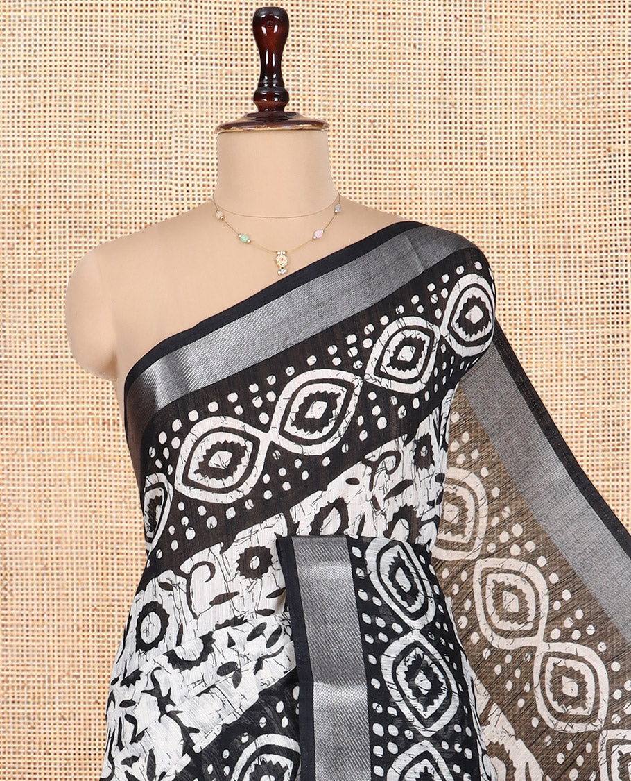 Cream Jute Linen Saree Features Batik Floral Print, Zari Border, Printed Pallu, Contrast Blouse