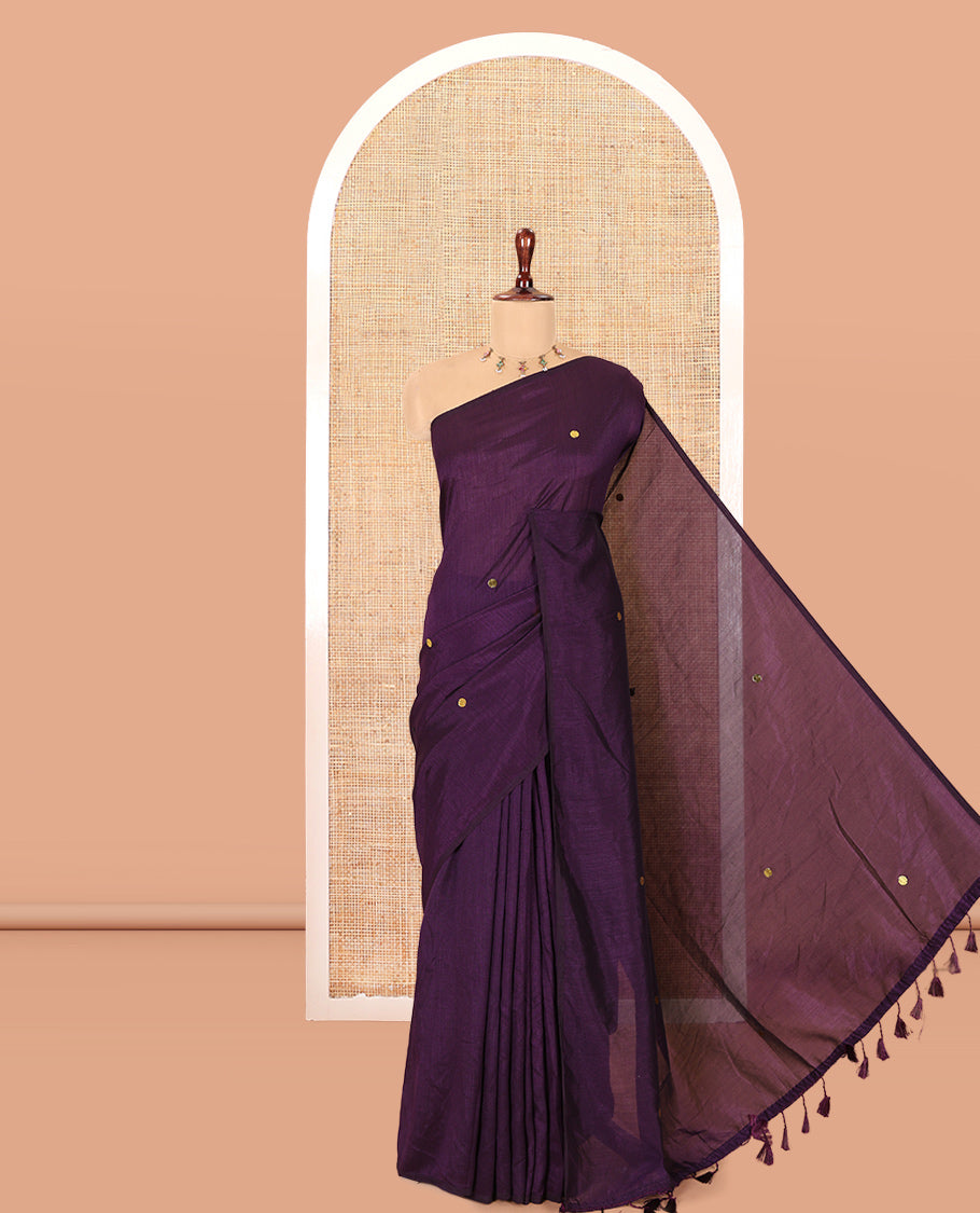 Borderless Purple Vichitra Saree Features Gleaming Sequin Work, and a Matching Blouse