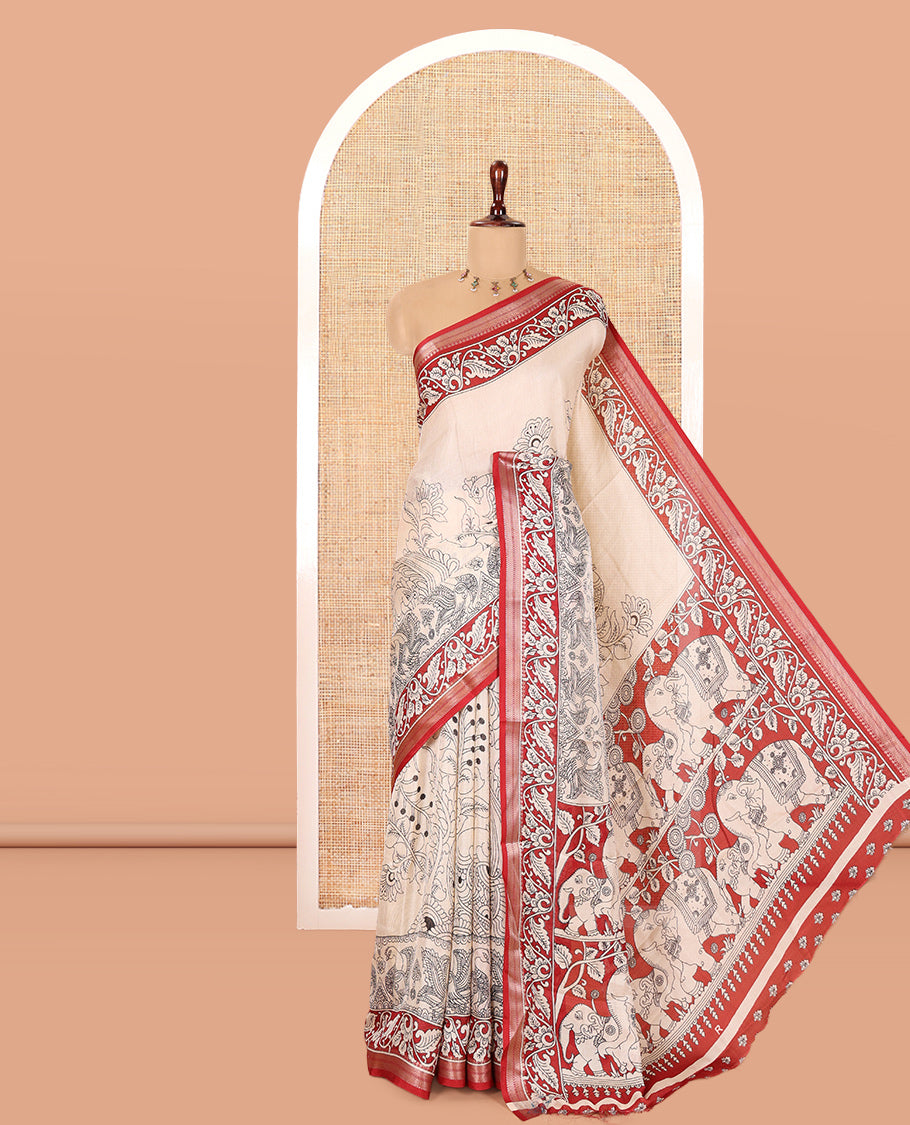 Cream-Red Kalamkari Printed Moss Chiffon Saree, a Contrast Border, a Contrast Blouse