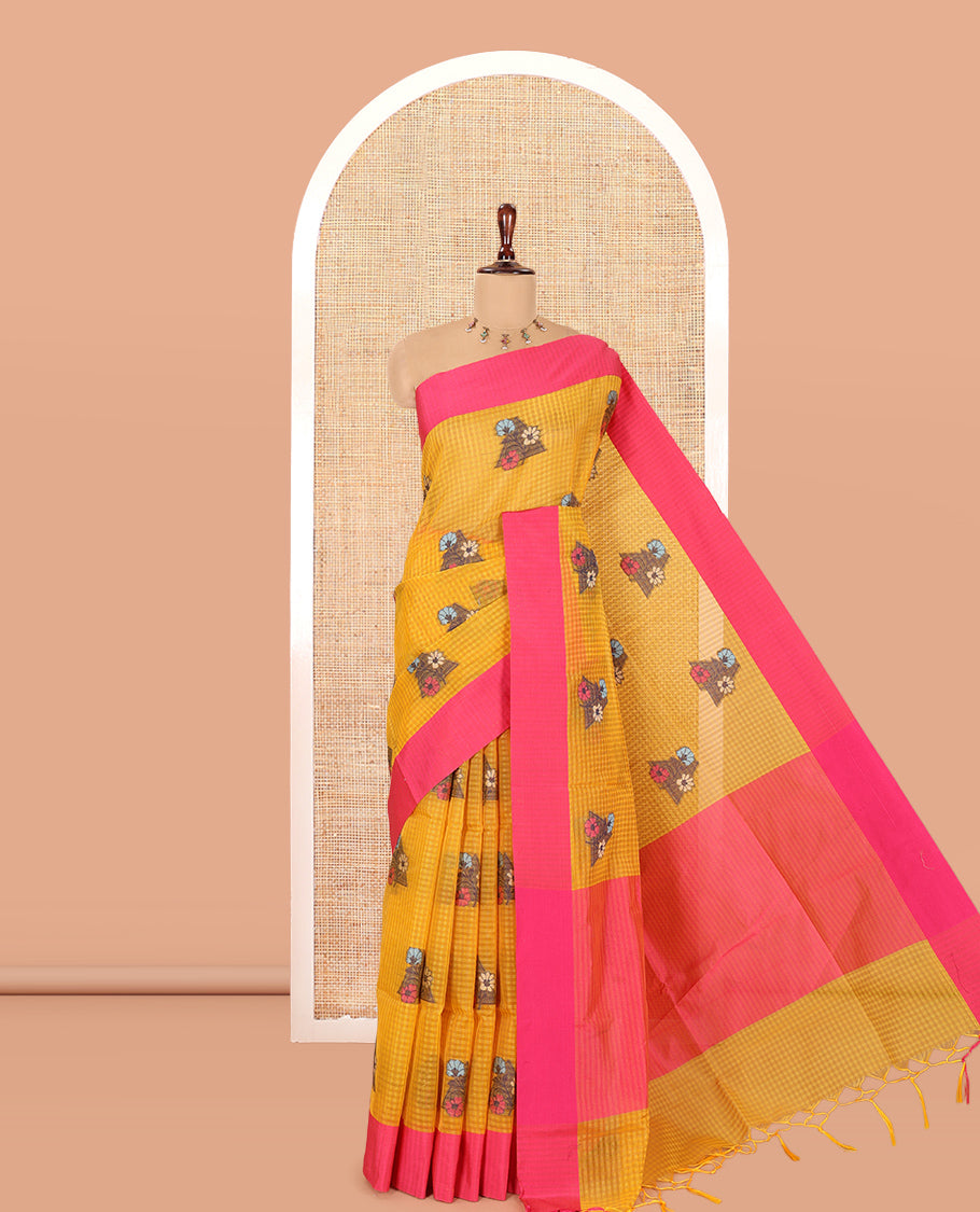 Yellow Kota Chex Saree Features Floral-Triangle Thread Weave, a Contrast Border, and a Matching Blouse
