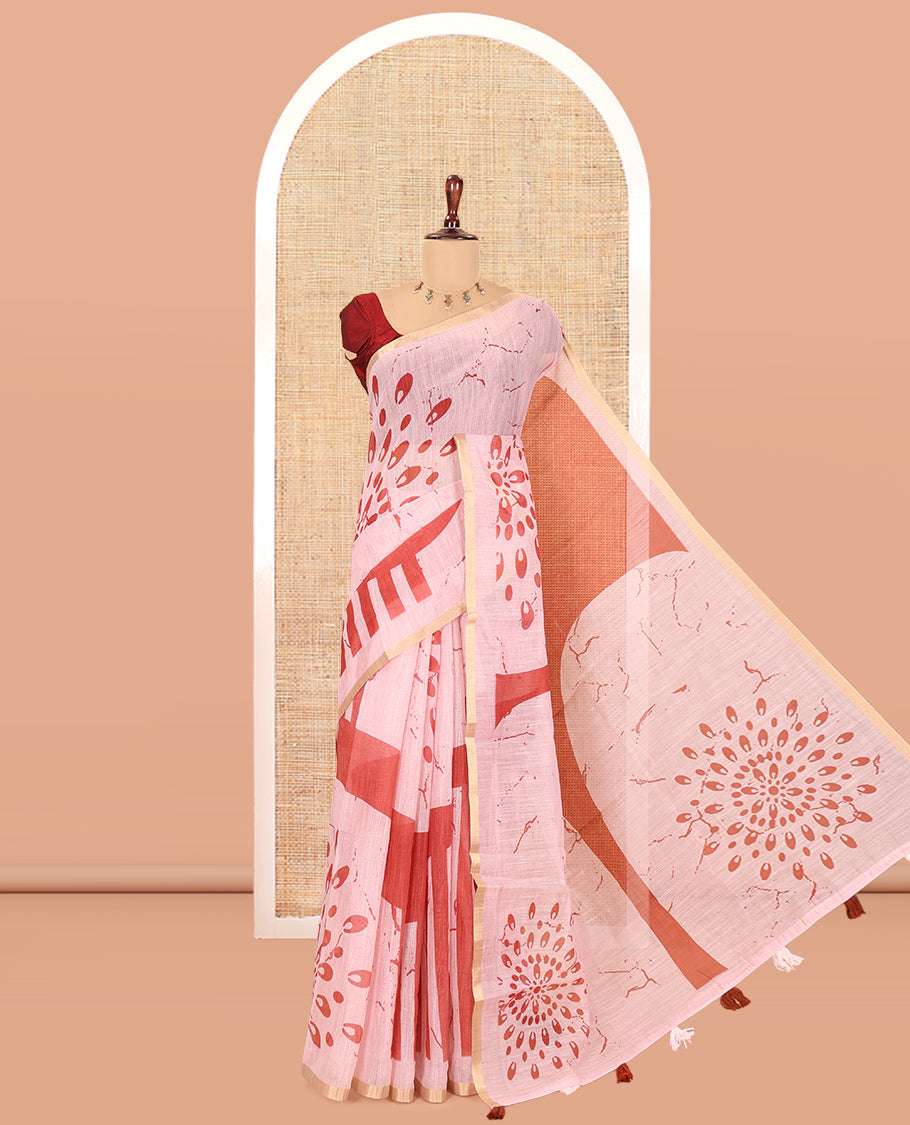 Borderless Rust Linen Cotton Saree, Elevated with Geometric-Abstract Print and a Contrast Blouse
