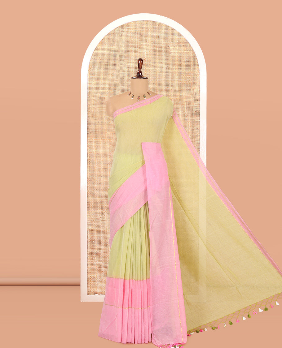 Parrot Green Plain Khadi Mul Cotton Saree, a Contrast Big Border, a Self-Pallu, and a Matching Blouse