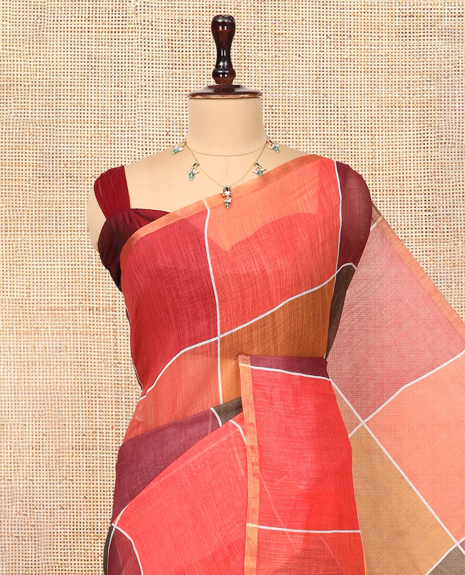 Multi-Color Big Checked Design Linen Cotton Saree, a Zari Piping Border Striped Pallu, and a Matching Blouse