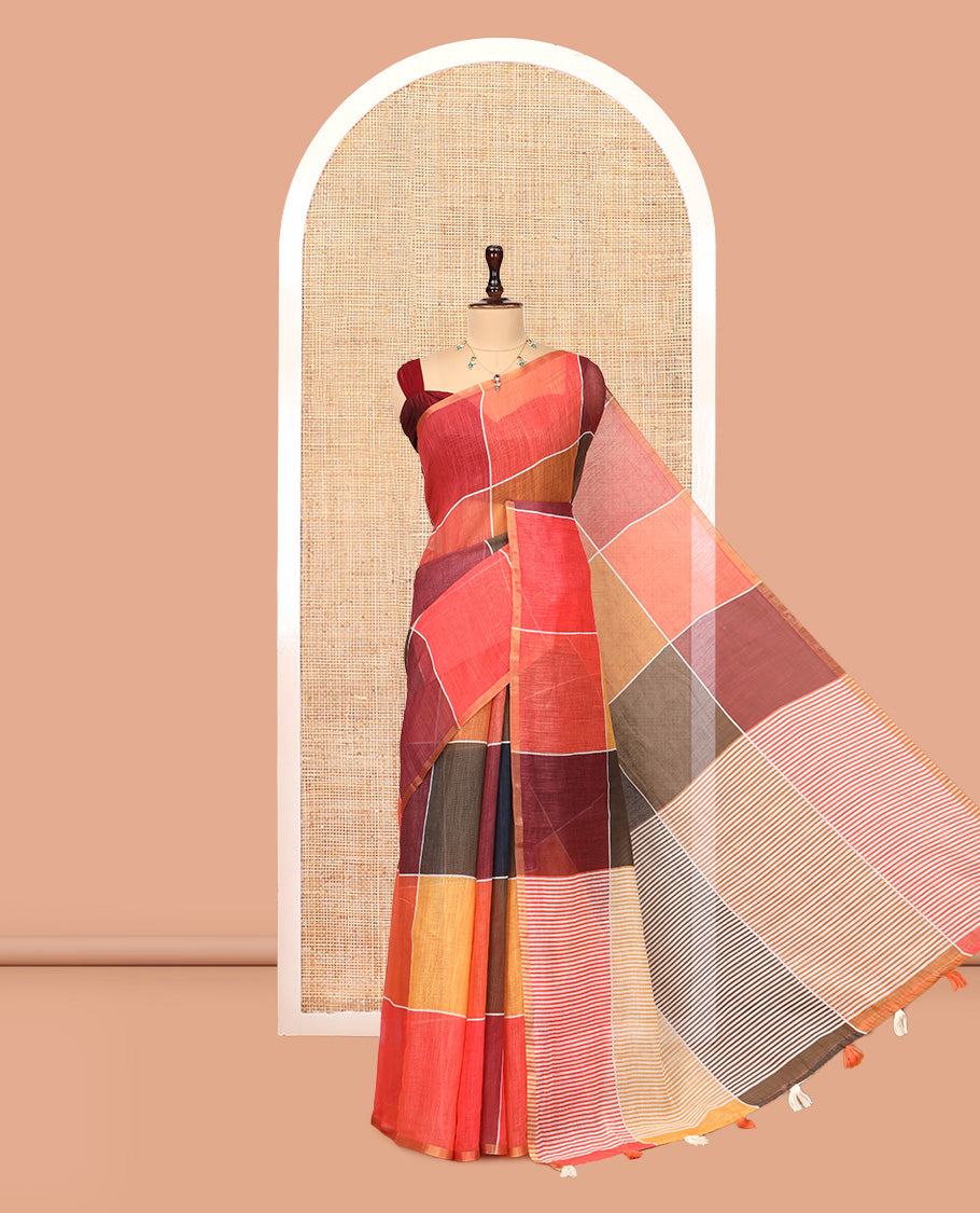 Multi-Color Big Checked Design Linen Cotton Saree, a Zari Piping Border Striped Pallu, and a Matching Blouse