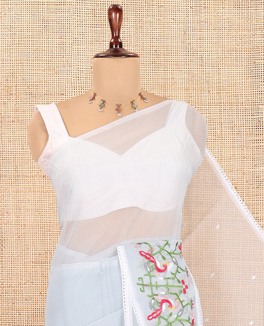 Light Blue Kota Doria Saree, Subtly Sparkled With Buttas, a Floral-Bird Thread Work Border, a Self-Pallu, a Matching Blouse