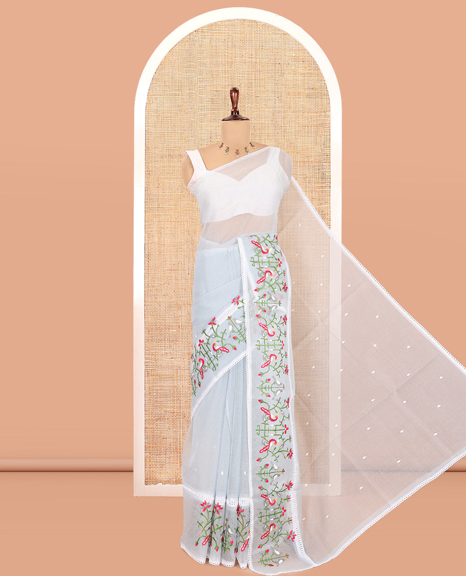 Light Blue Kota Doria Saree, Subtly Sparkled With Buttas, a Floral-Bird Thread Work Border, a Self-Pallu, a Matching Blouse