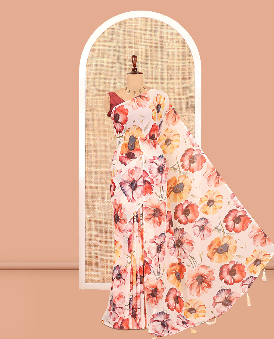 Borderless Cream Chiffon Saree, Accentuated with Floral Motif Print, a Self-Pallu, and No Blouse