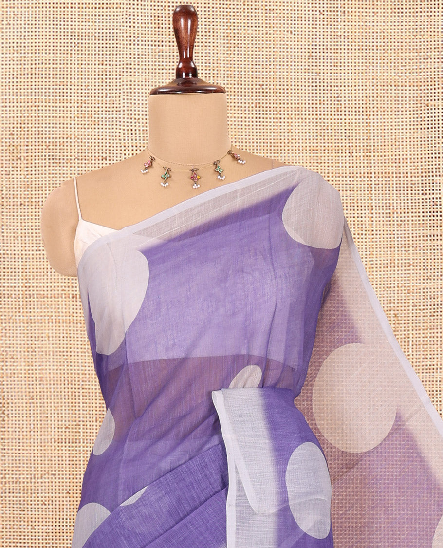 Violet Linen Cotton Saree, Subtly Sparkled with Polka Dot Buttas, a Contrast Border, a Contrast Blouse