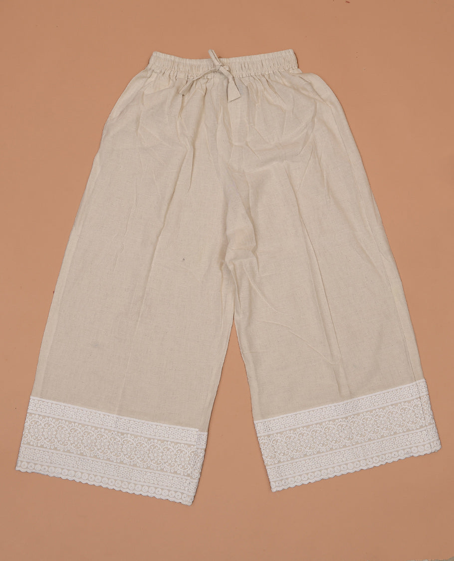 Chikku floral-geometric theme motifs thread and sequins embroidered khadi mul cotton palazzo pants