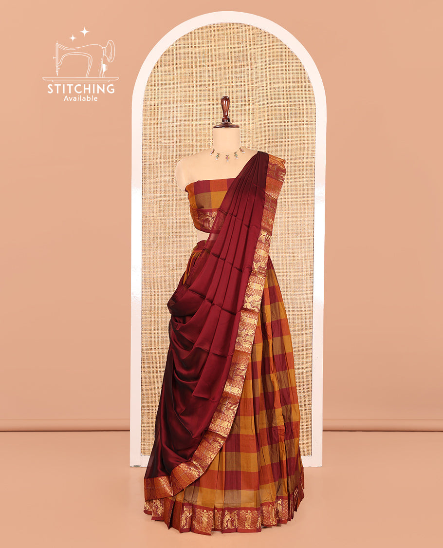 Fawn-Maroon Chettinad Cotton Half Saree Features Checked Skirt, Peacock Traditional Border, Matching Blouse, Contrast Dhavani