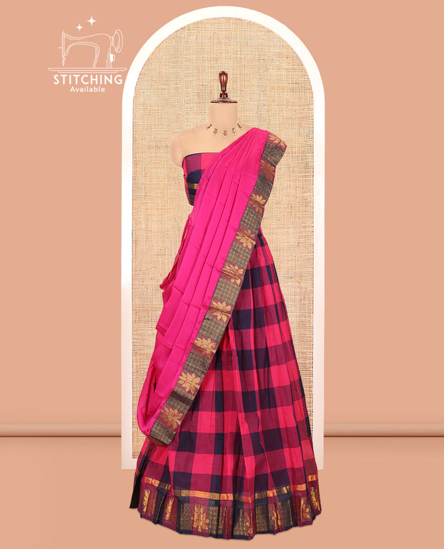 Rani Pink-Navy Blue Checked Chettinad Cotton Half-Saree