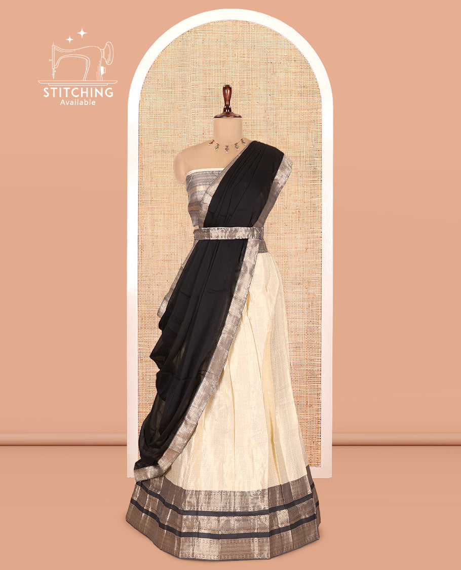 Cream-Black Semi-Silk Half-Saree