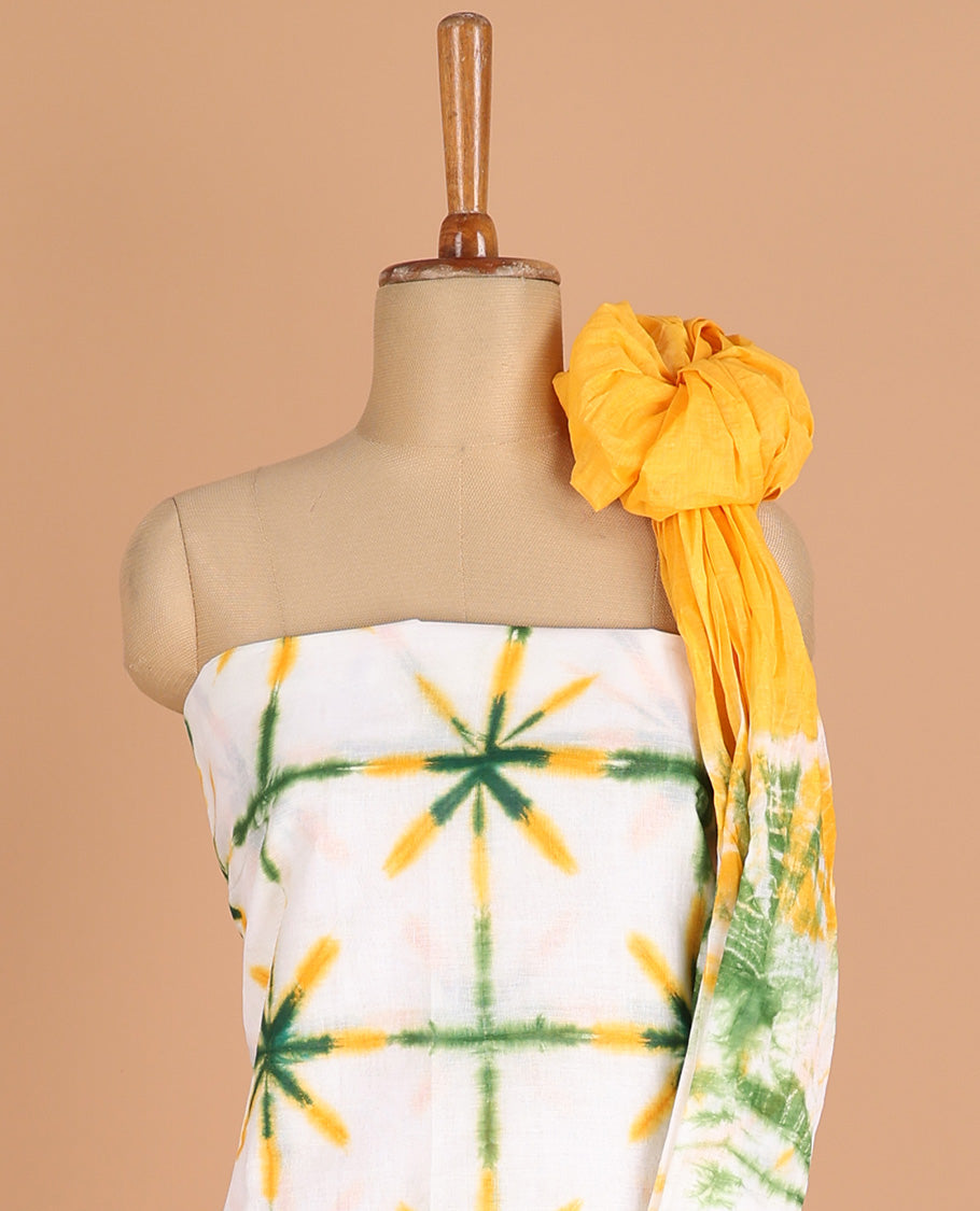 Cream with yellow chudidhar material pure cotton batik print top with cotton pants & double side hand print dupatta