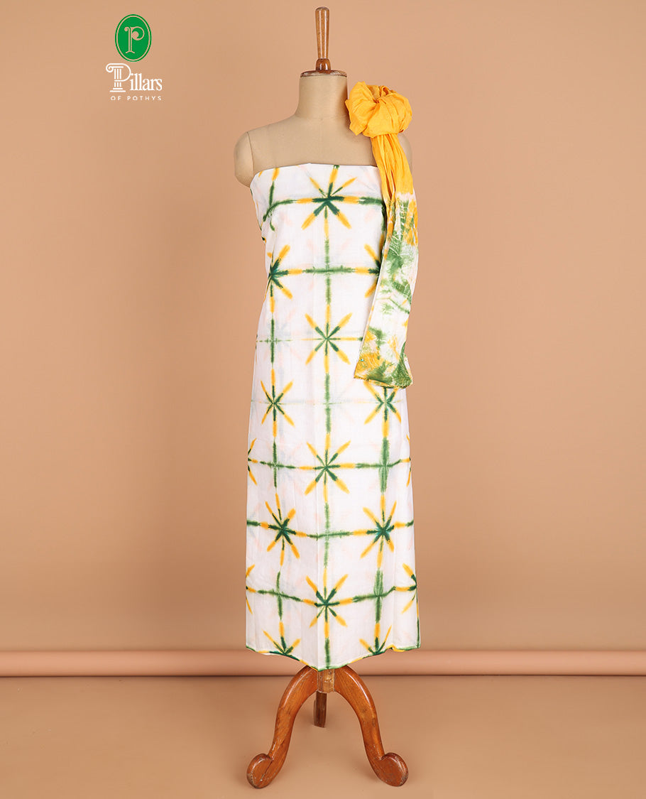 Cream with yellow chudidhar material pure cotton batik print top with cotton pants & double side hand print dupatta