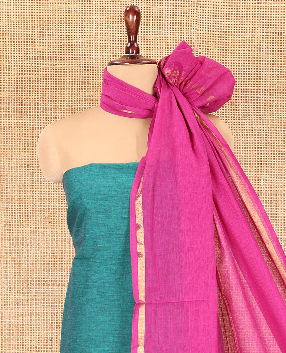 Rama Green Handloom Cotton Material Chudidar, Plain and Contrast Traditional Zari-Bordered Top, a Contrast Plain Bottom, and Contrast Dupatta